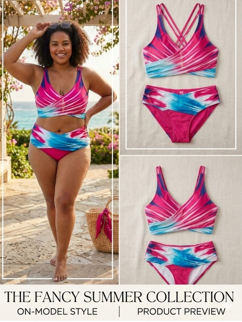 Women’s Pink Blue Tie-Dye Wrap Bikini Set